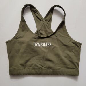 Gymshark Ark Sports Bra Khaki Green Cross Back Crop Top Spellout Logo MED